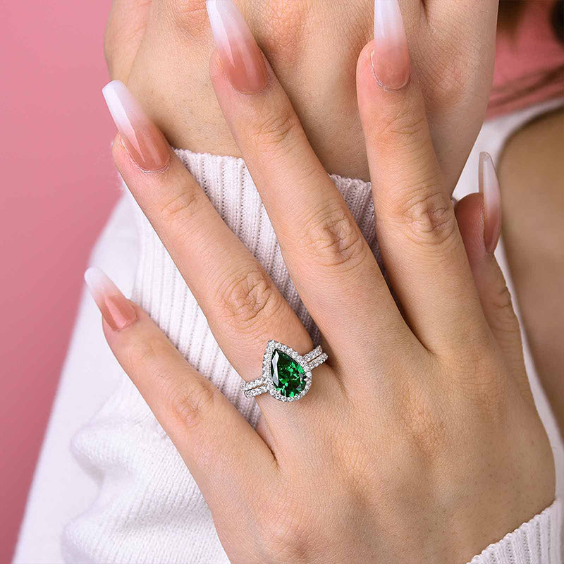 Simple 2.2 Carat Emerald Green Halo Pear Cut Wedding Set In Sterling Silver-Maxinejewelry