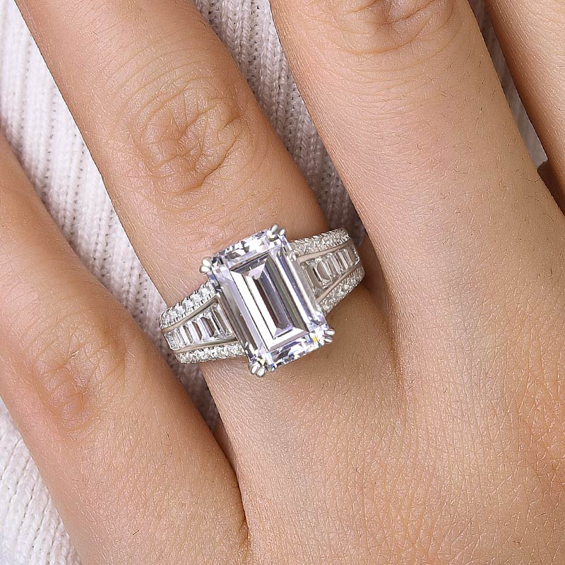 Exclusive Emerald Cut Engagement Ring In Sterling Silver-Maxinejewelry