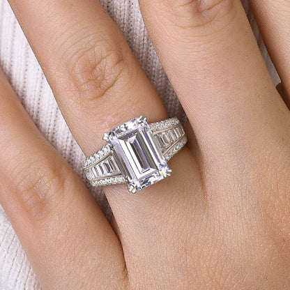 Exclusive Emerald Cut Engagement Ring In Sterling Silver-Maxinejewelry