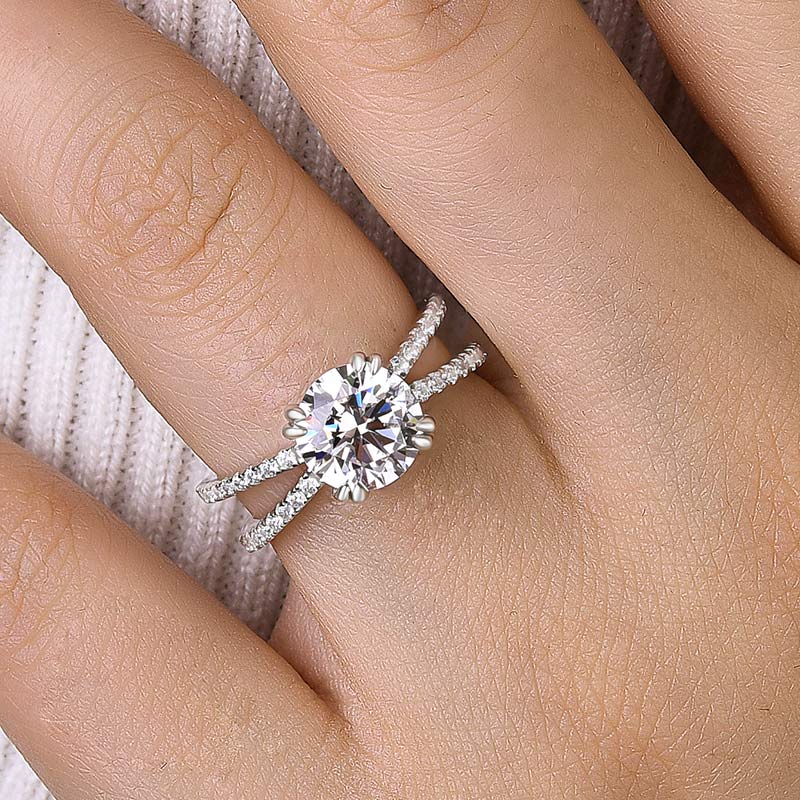 Unique Cross Shank Round Cut Engagement Ring For Her In Sterling Silver-Maxinejewelry