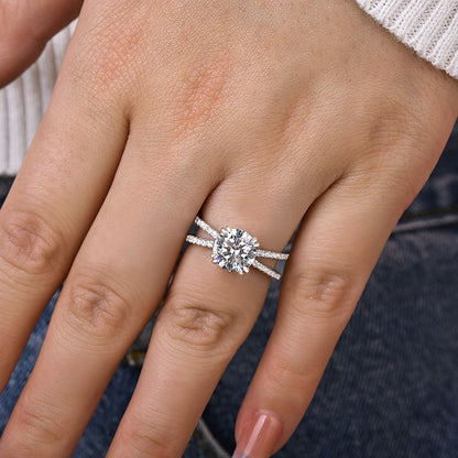 Unique Cross Shank Round Cut Engagement Ring For Her In Sterling Silver-Maxinejewelry