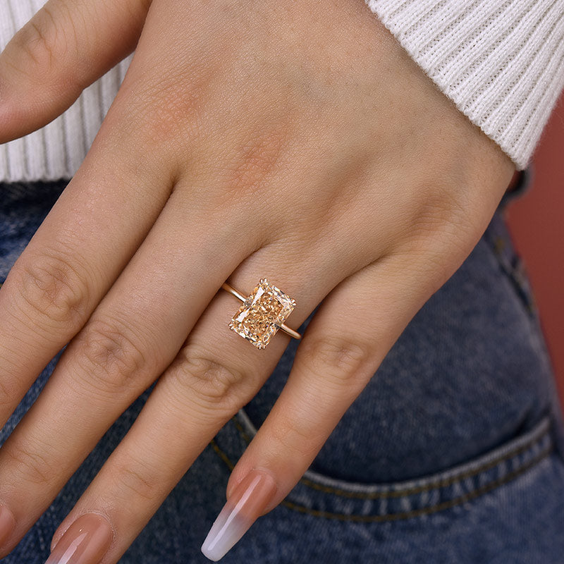 Rose Gold Light Champagne Radiant Cut Simulated Diamond Engagement Ring-Maxinejewelry