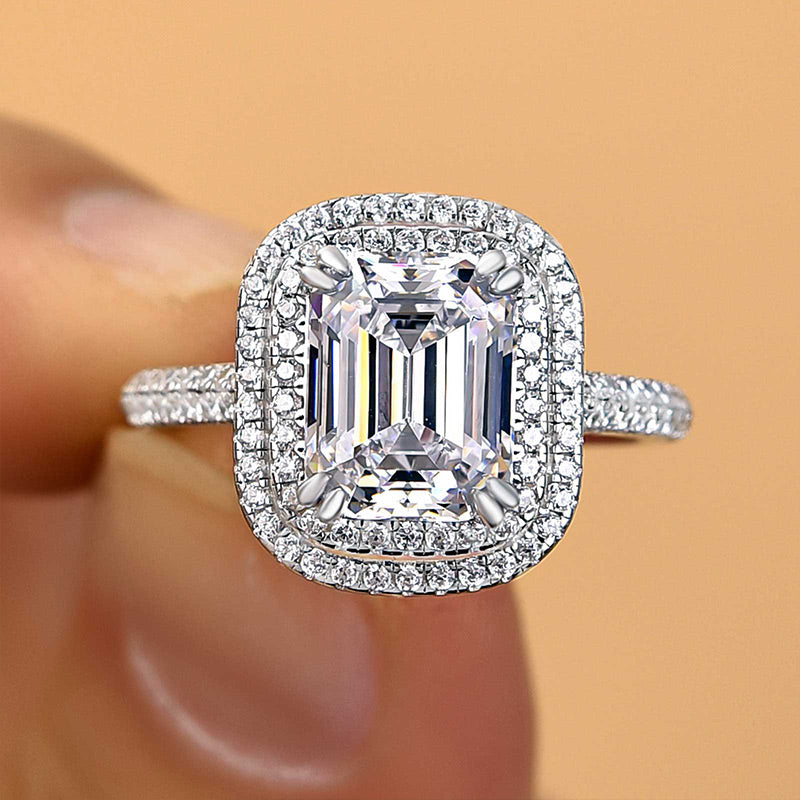 Attractive Double Halo Emerald Cut Engagement Ring