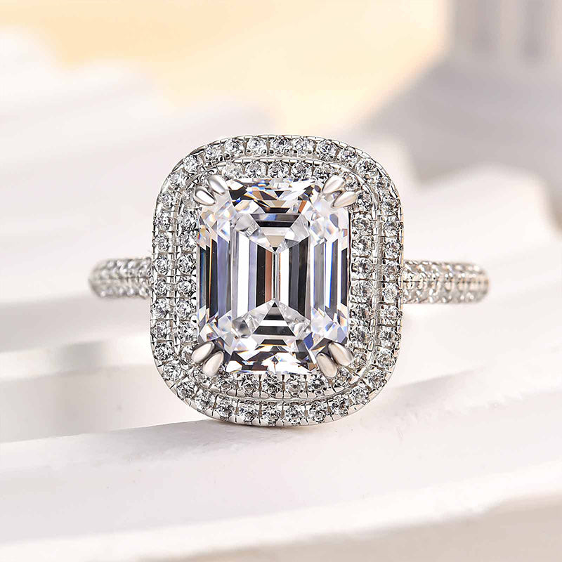 Attractive Double Halo Emerald Cut Engagement Ring