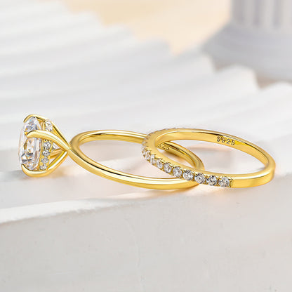 Classic Yellow Gold  Round Cut Simulated Diamonds Bridal Ring Set