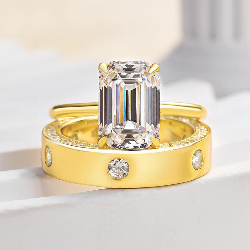 Timeless Yellow Gold Emerald Cut Wedding Ring Set In Sterling Silver