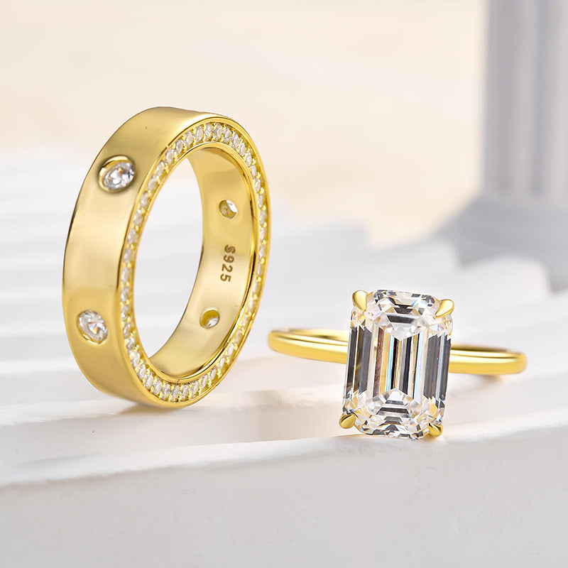 Timeless Yellow Gold Emerald Cut Wedding Ring Set In Sterling Silver