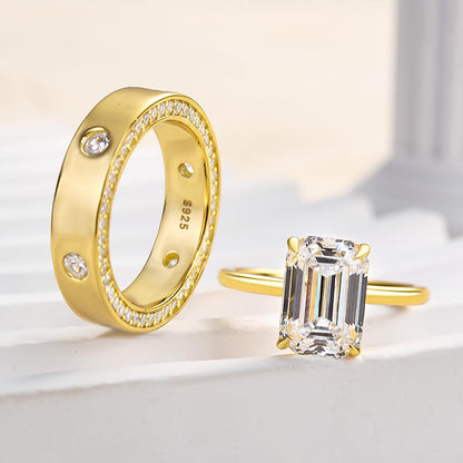 Timeless Yellow Gold Emerald Cut Wedding Ring Set In Sterling Silver