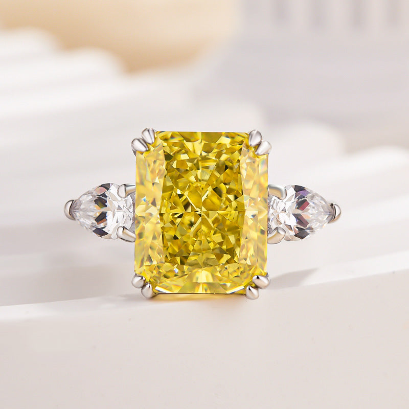 Gorgeous Radiant Cut Three Stone Yellow Sapphire Engagement Ring