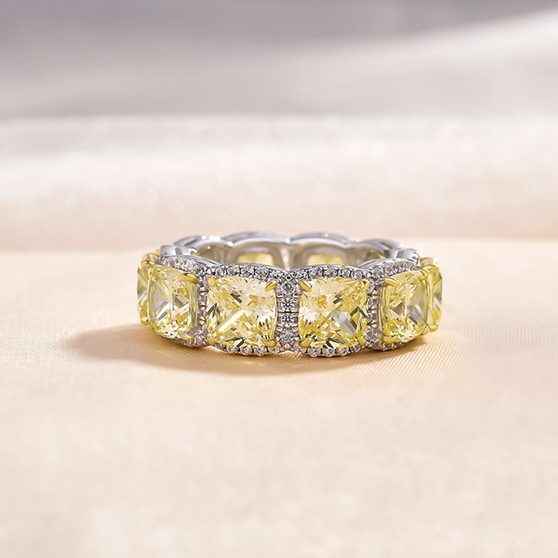 Luxurious Halo Cushion Cut Yellow Sapphire Wedding Band for Her In Sterling Silver-Maxinejewelry