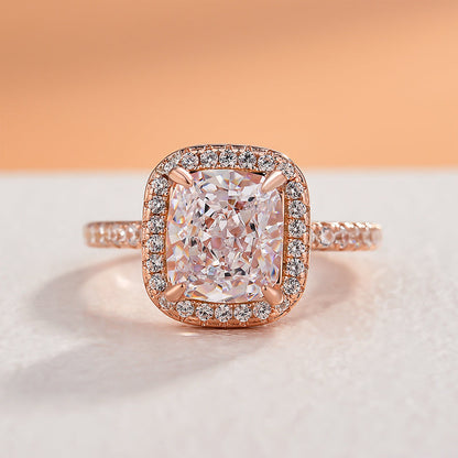 Classic Rose Gold Halo Radiant Cut Engagement Ring In Sterling Silver-Maxinejewelry