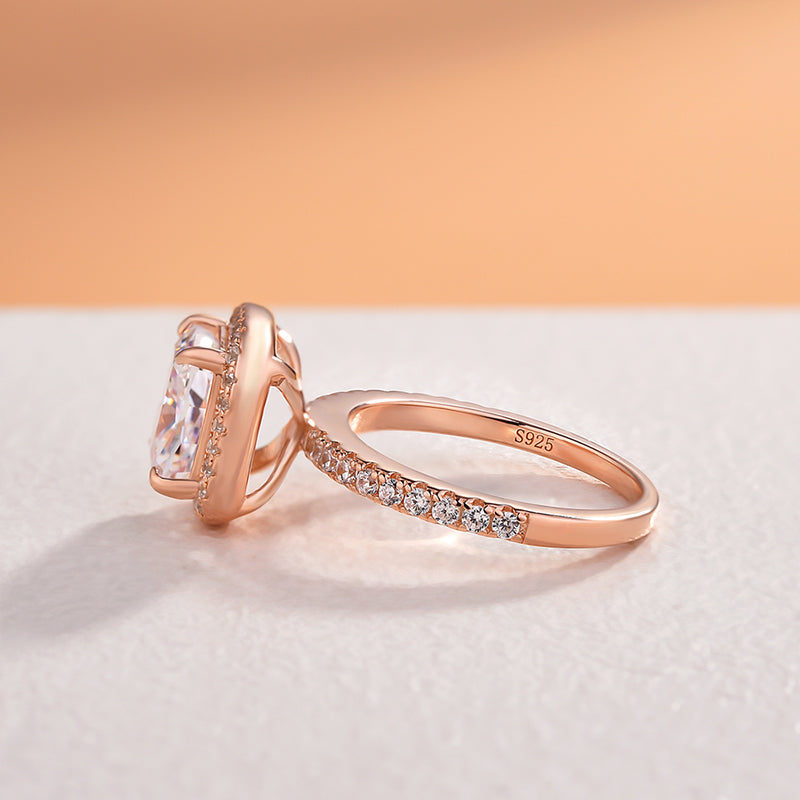 Classic Rose Gold Halo Radiant Cut Engagement Ring In Sterling Silver-Maxinejewelry