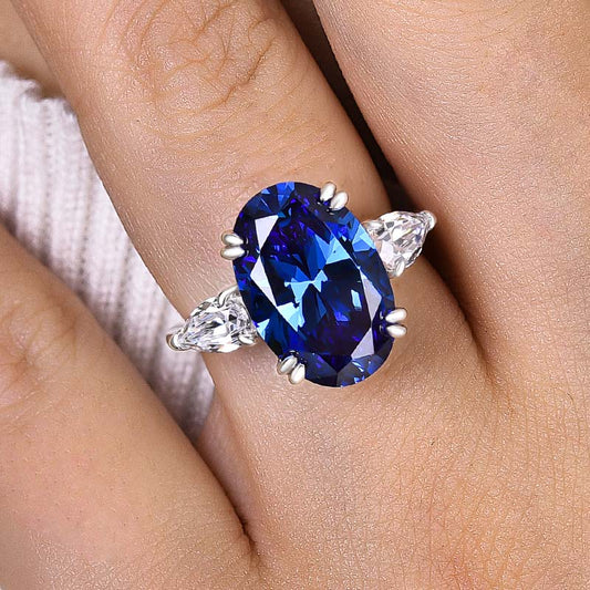 Gorgeous Oval Cut Blue Sapphire Three Stone Engagement Ring In Sterling Silver-Maxinejewelry