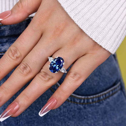 Gorgeous Oval Cut Blue Sapphire Three Stone Engagement Ring In Sterling Silver-Maxinejewelry