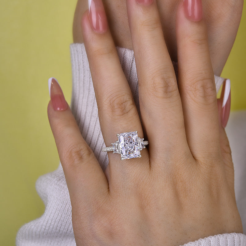 Stunning Crushed Ice Radiant Cut Three Stone Engagement Ring In Sterling Silver-Maxinejewelry