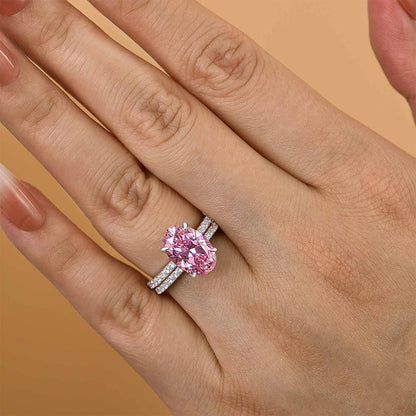 Lovely Oval Cut Pink Sapphire Wedding Ring Sets In Sterling Silver