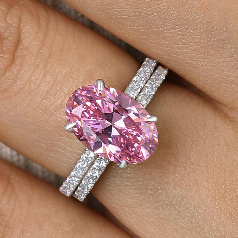 Lovely Oval Cut Pink Sapphire Wedding Ring Sets In Sterling Silver