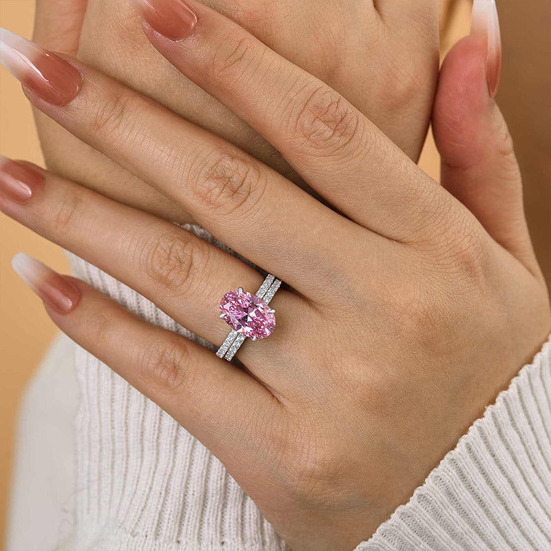 Lovely Oval Cut Pink Sapphire Wedding Ring Sets In Sterling Silver