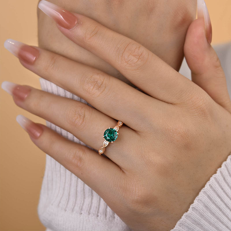 Rose Gold 1.0 Carat Emerald Green Round Cut Promise Ring For Her