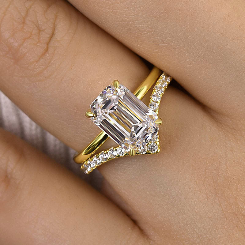 Maxine Chic Yellow Gold Emerald Cut Wedding Ring Set