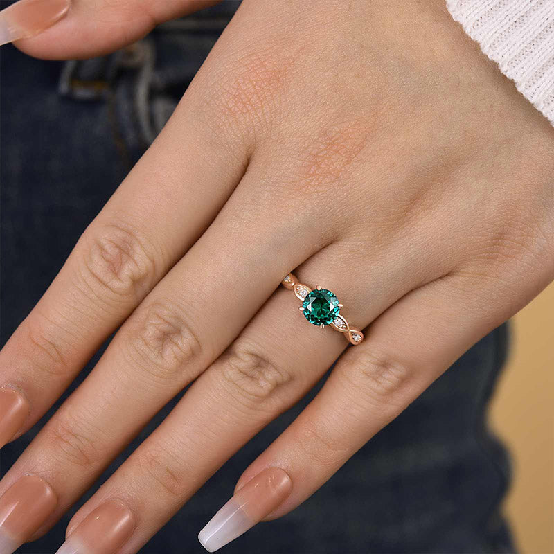 Rose Gold 1.0 Carat Emerald Green Round Cut Promise Ring For Her