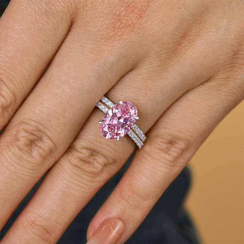 Lovely Oval Cut Pink Sapphire Wedding Ring Sets In Sterling Silver