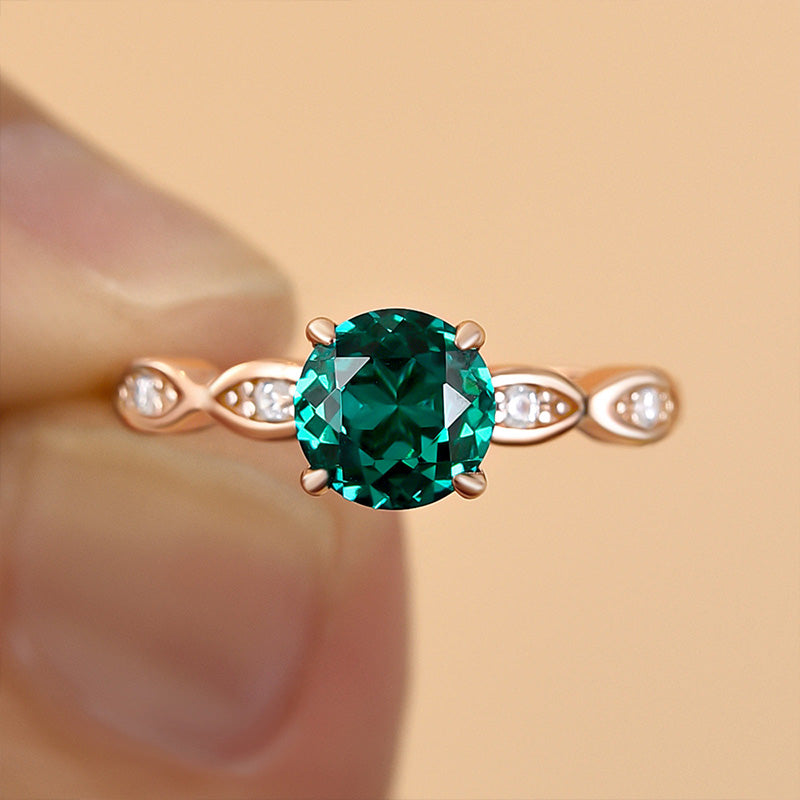 Rose Gold 1.0 Carat Emerald Green Round Cut Promise Ring For Her