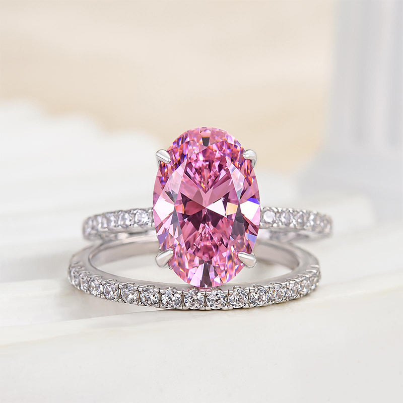 Lovely Oval Cut Pink Sapphire Wedding Ring Sets In Sterling Silver