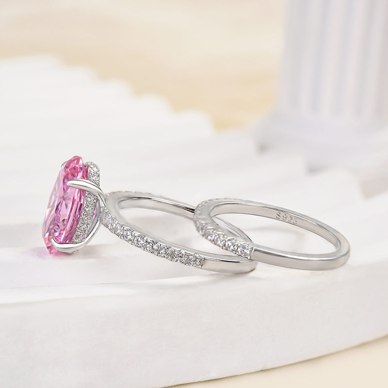 Lovely Oval Cut Pink Sapphire Wedding Ring Sets In Sterling Silver