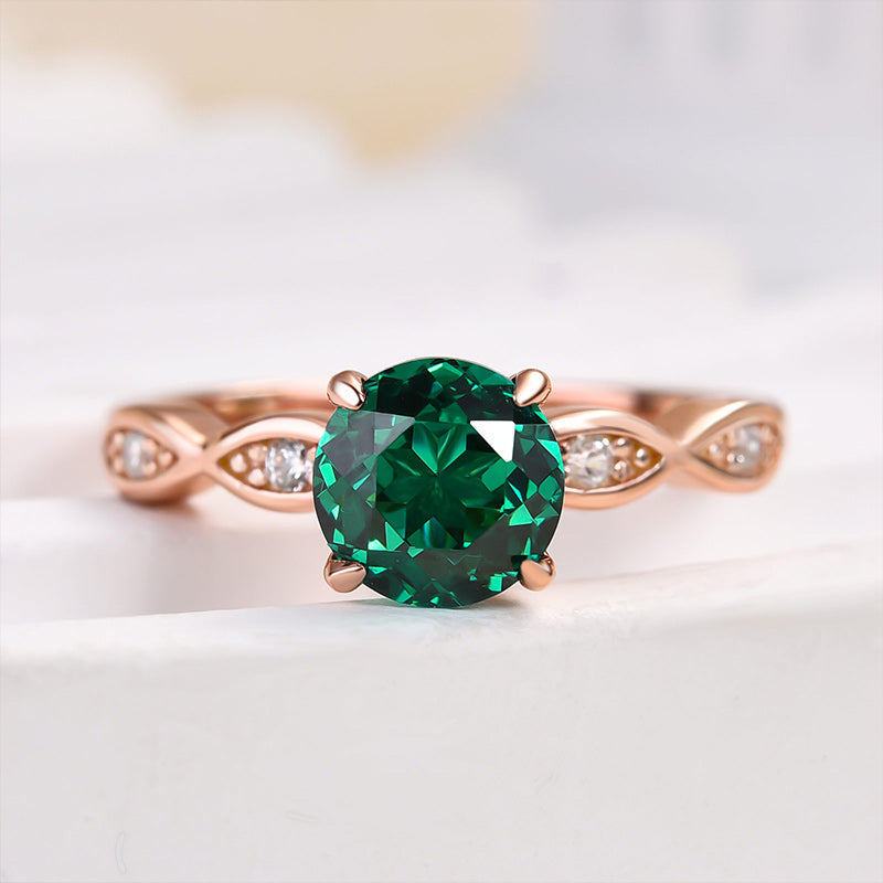 Rose Gold 1.0 Carat Emerald Green Round Cut Promise Ring For Her