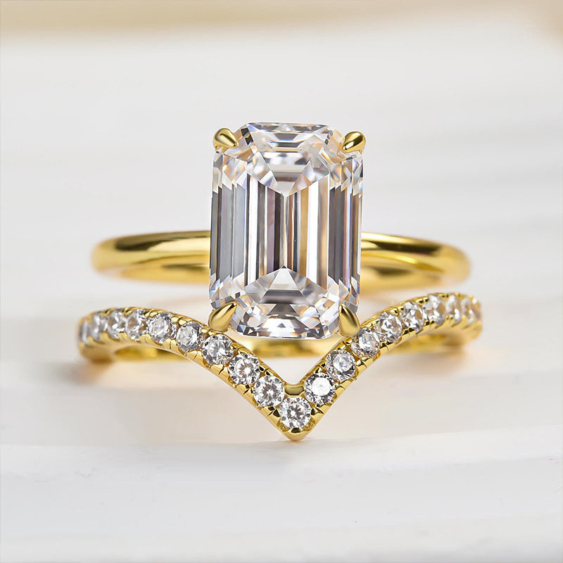 Maxine Chic Yellow Gold Emerald Cut Wedding Ring Set