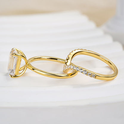 Maxine Chic Yellow Gold Emerald Cut Wedding Ring Set