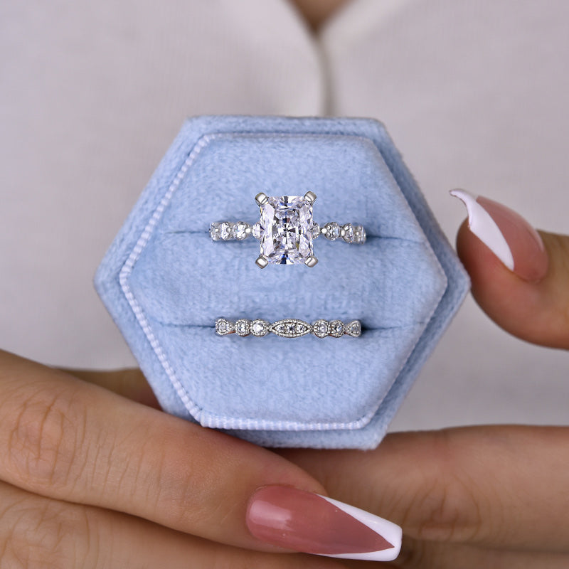 4.0 Carat Radiant Cut White Sapphire Wedding Ring Set For Her In Sterling Silver-Maxinejewelry