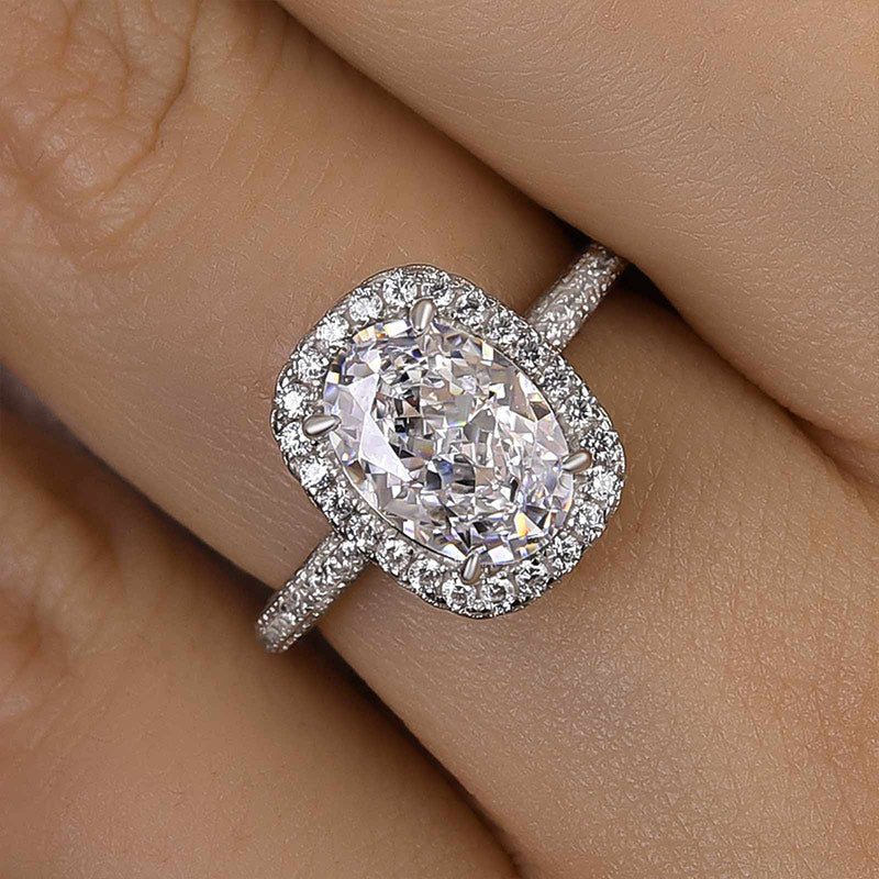 Unique Halo Oval Cut Sona Simulated Diamond Engagement Ring In Sterling Silver