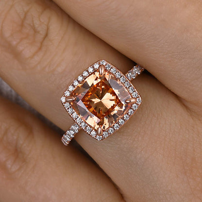 Elegant Rose Gold Halo Cushion Cut Champagne Engagement Ring In Sterling Silver