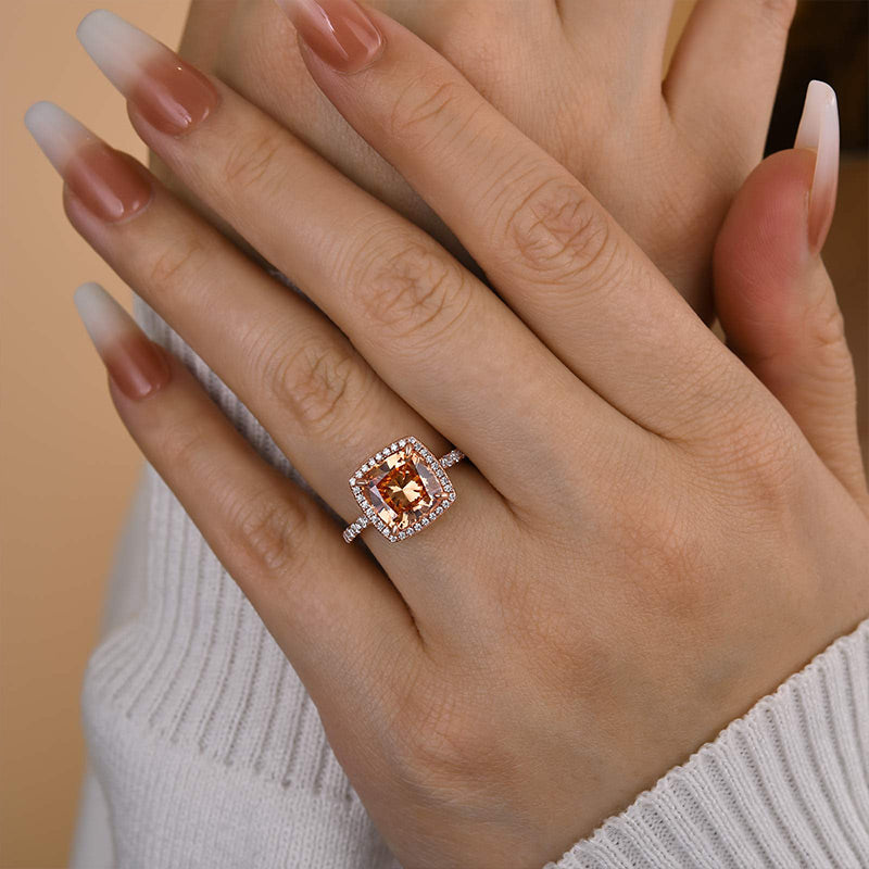 Elegant Rose Gold Halo Cushion Cut Champagne Engagement Ring In Sterling Silver