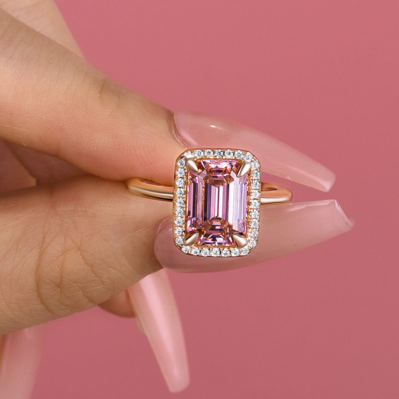 Exclusive Rose Gold Halo Emerald Cut Padparadscha Engagement Ring In Sterling Silver-Maxinejewelry