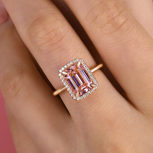 Exclusive Rose Gold Halo Emerald Cut Padparadscha Engagement Ring In Sterling Silver-Maxinejewelry