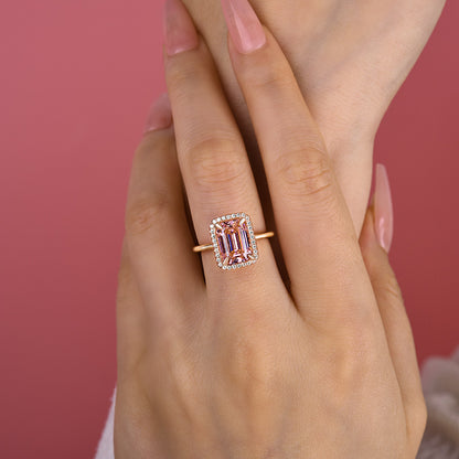 Exclusive Rose Gold Halo Emerald Cut Padparadscha Engagement Ring In Sterling Silver