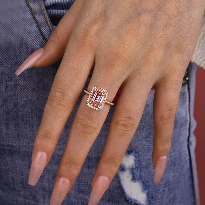 Exclusive Rose Gold Halo Emerald Cut Padparadscha Engagement Ring In Sterling Silver