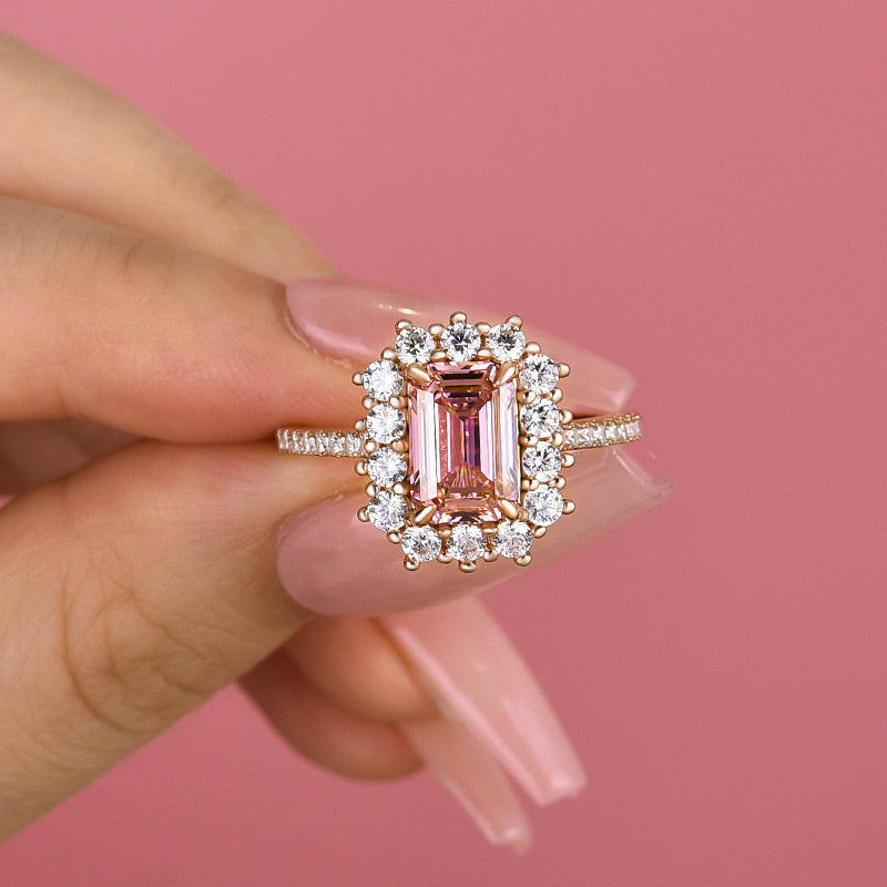 Elegant Rose Gold Halo Emerald Cut Padparadscha Engagement Ring In Sterling Silver-Maxinejewelry