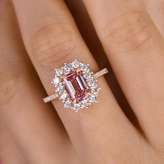 Elegant Rose Gold Halo Emerald Cut Padparadscha Engagement Ring In Sterling Silver-Maxinejewelry