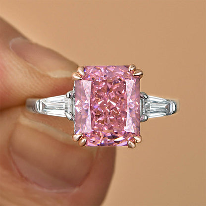 4.0 Carat Pink Sapphire Radiant Cut Three Stone Engagement Ring In Sterling Silver