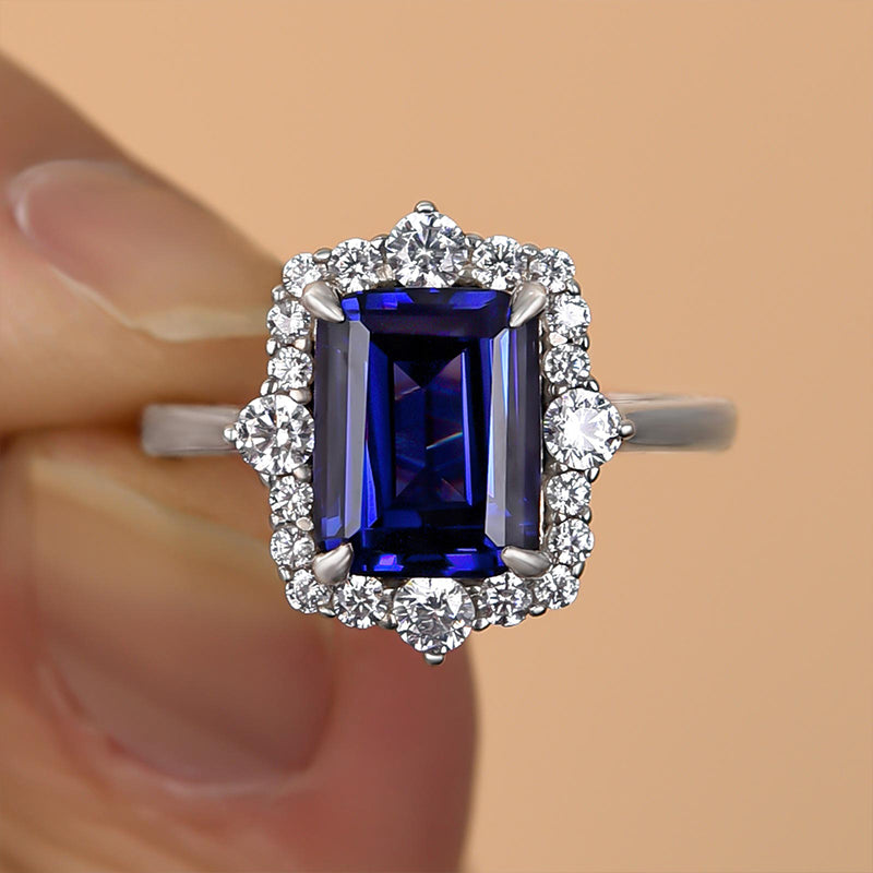 3.0 Carat Halo Emerald Cut Blue Sapphire Engagement Ring In Sterling Silver