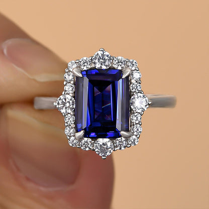 3.0 Carat Halo Emerald Cut Blue Sapphire Engagement Ring In Sterling Silver