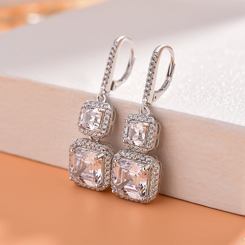 Elegant Halo Asscher Cut Women's Earrings In Sterling Silver