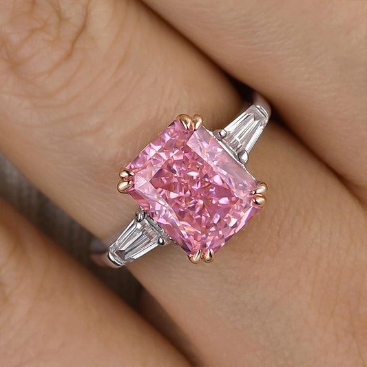 4.0 Carat Pink Sapphire Radiant Cut Three Stone Engagement Ring In Sterling Silver