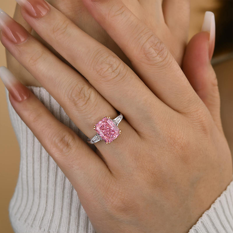 4.0 Carat Pink Sapphire Radiant Cut Three Stone Engagement Ring In Sterling Silver