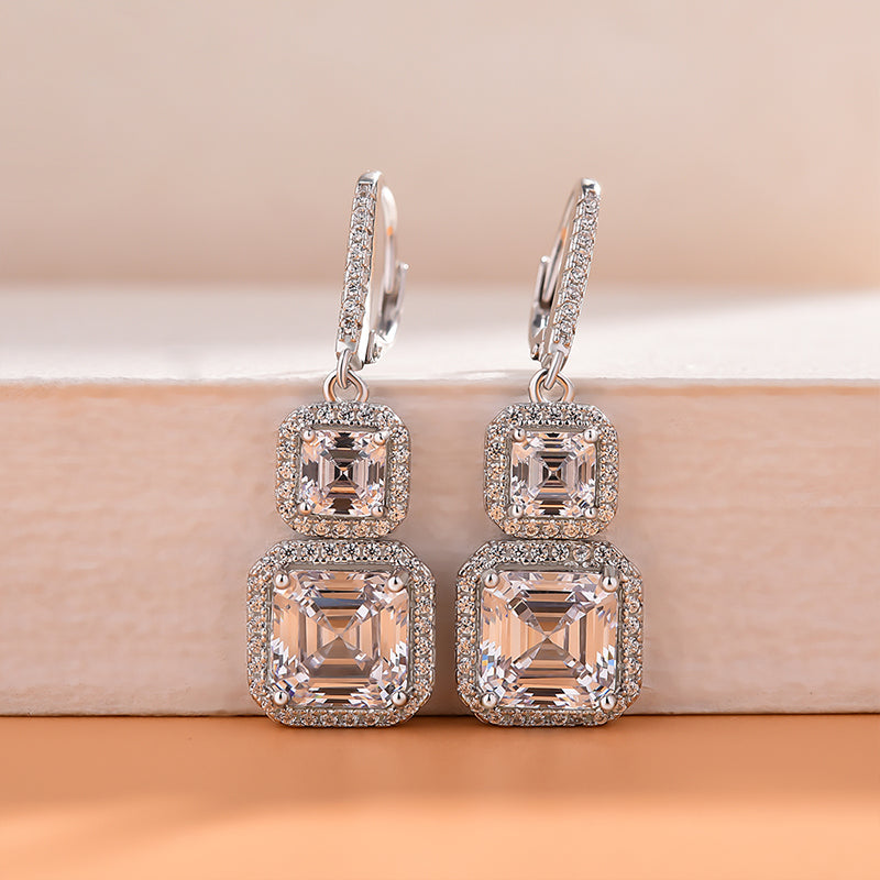 Elegant Halo Asscher Cut Women's Earrings In Sterling Silver