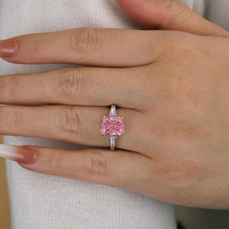 4.0 Carat Pink Sapphire Radiant Cut Three Stone Engagement Ring In Sterling Silver